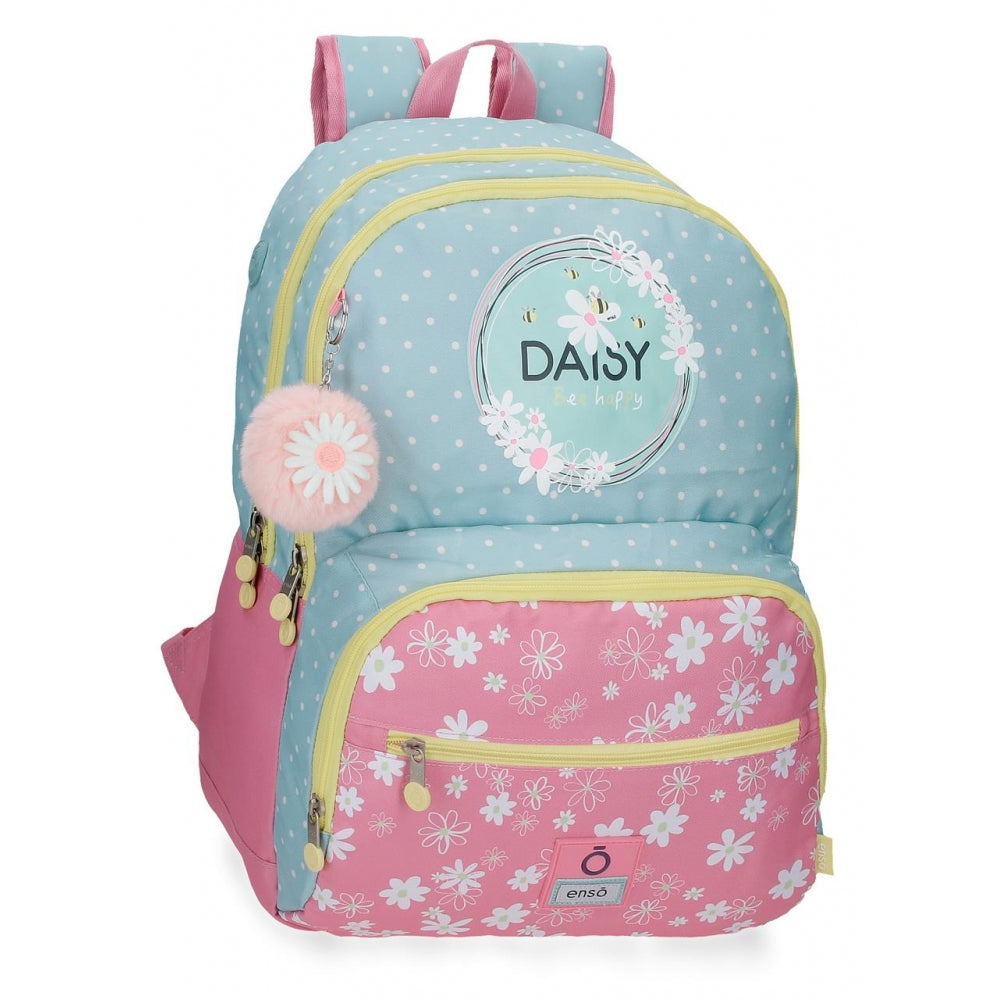 Enso Daisy Set Valigia E Zaino Trolley Per Bambina - Messenger Bag Con Ruote E Pompon A Margherita - Zaino Scolastico Con Carrello Incorporabile, Motivo Margherite E Api