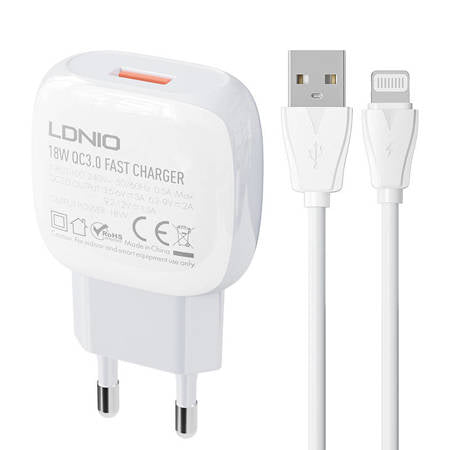 CARREGADOR+CABO USB-ALIGHTNING LDNIO A1306Q 18W BRANCO