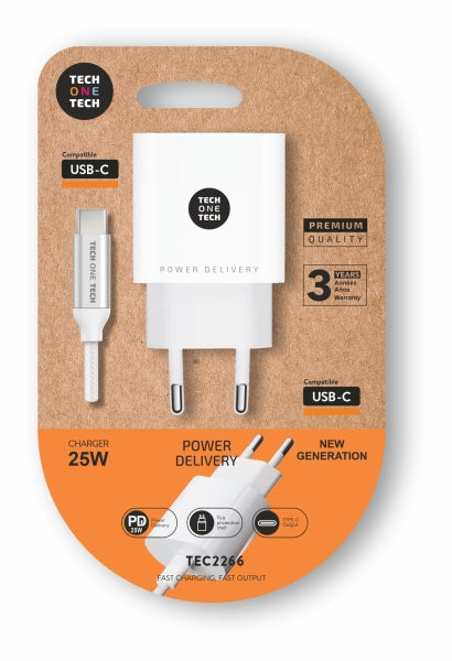 TECHONETECH CARGADOR DE PARED PD 25W + CABLE USB-C A USB-C