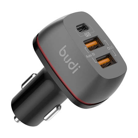 CARREGADOR DE ISQUEIRO BUDI, 2X USB + USB-C, QC + PD PRETO