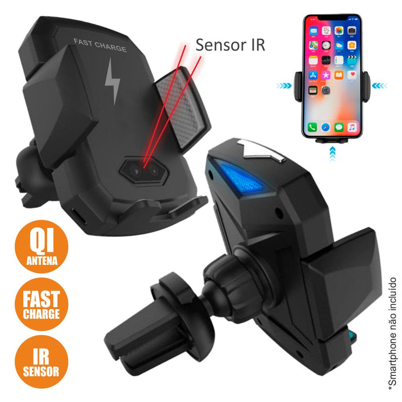 SUPORTE TELEMÓVEL C CARREGADOR INDUÇÃO QI 10W E SENSOR IR