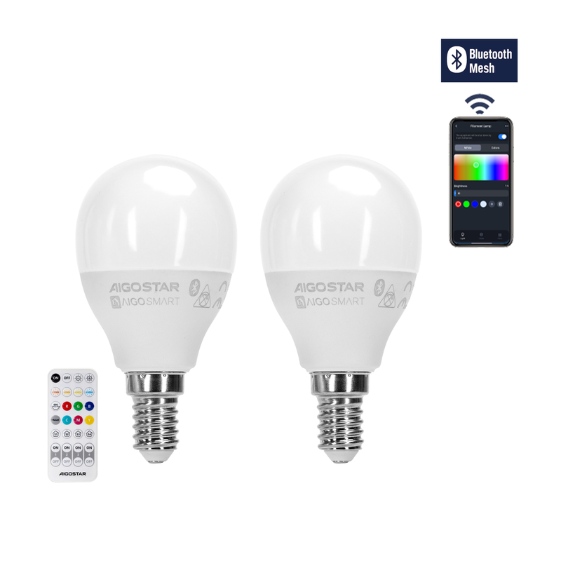 CONEXÃO BLUETOOTH G45 E14 6.5W RGB+CCT 2PCS ,COM CONTROLE REMOTO