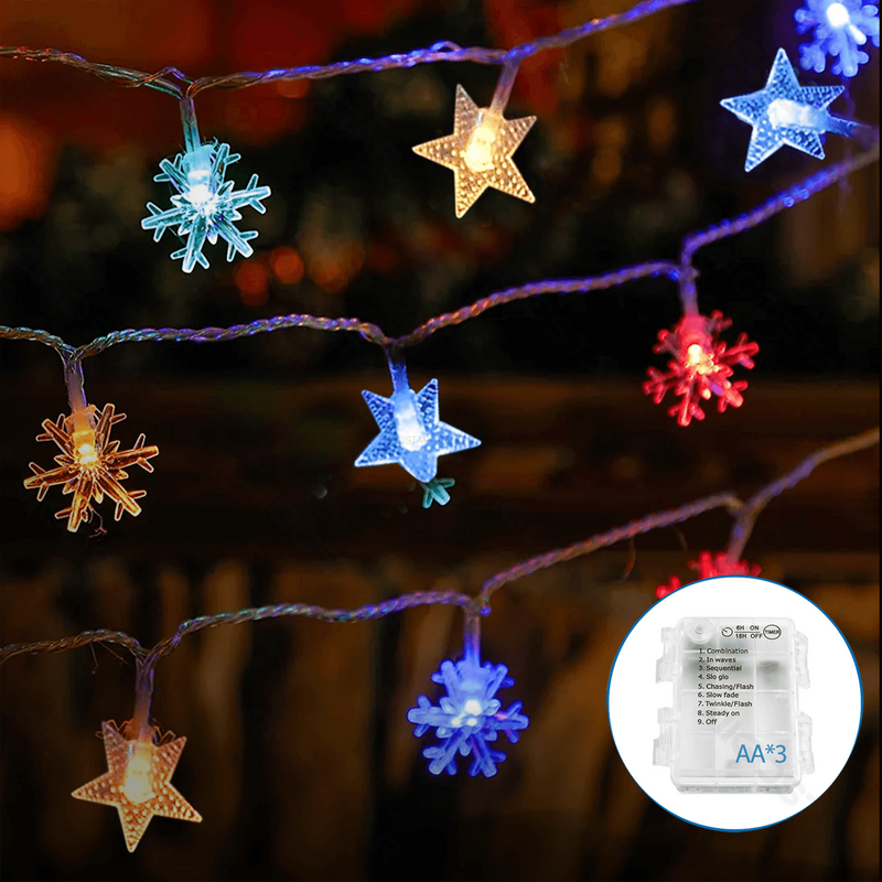 3AA BATTERY STAR SNOWFLAKE STRING LIGHTS, RGBY, 10M