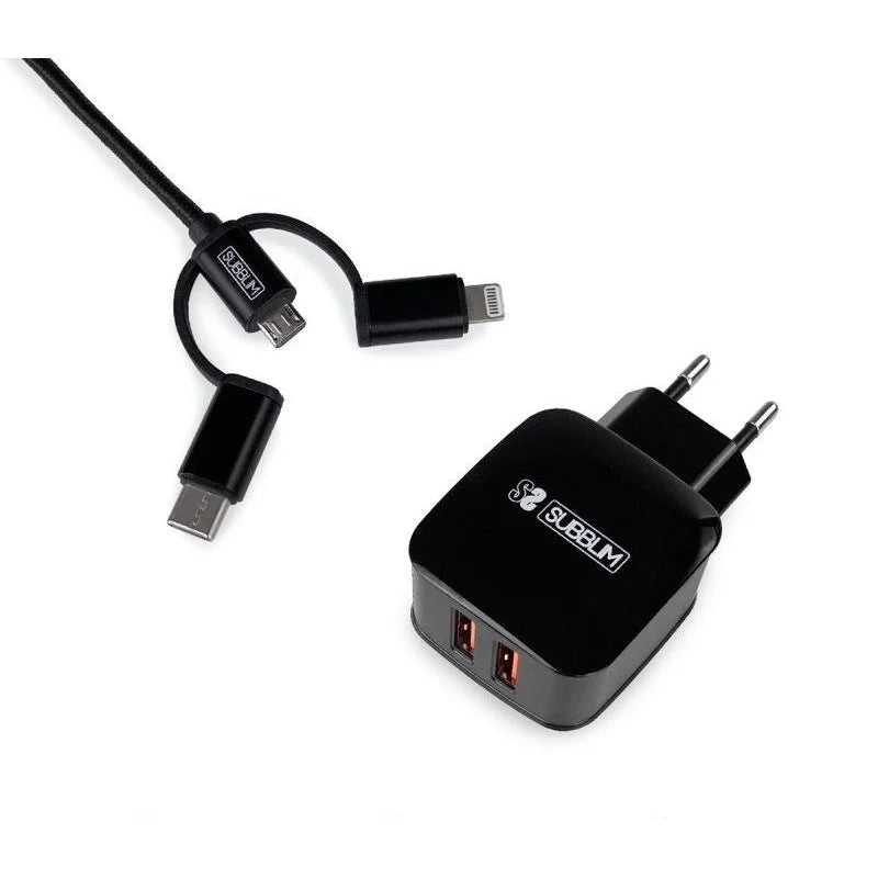 CARREGADOR SUBBLIM SUB-CHG-1ZWC02 2XUSB + CABO 3 EN 1 12W PRETO