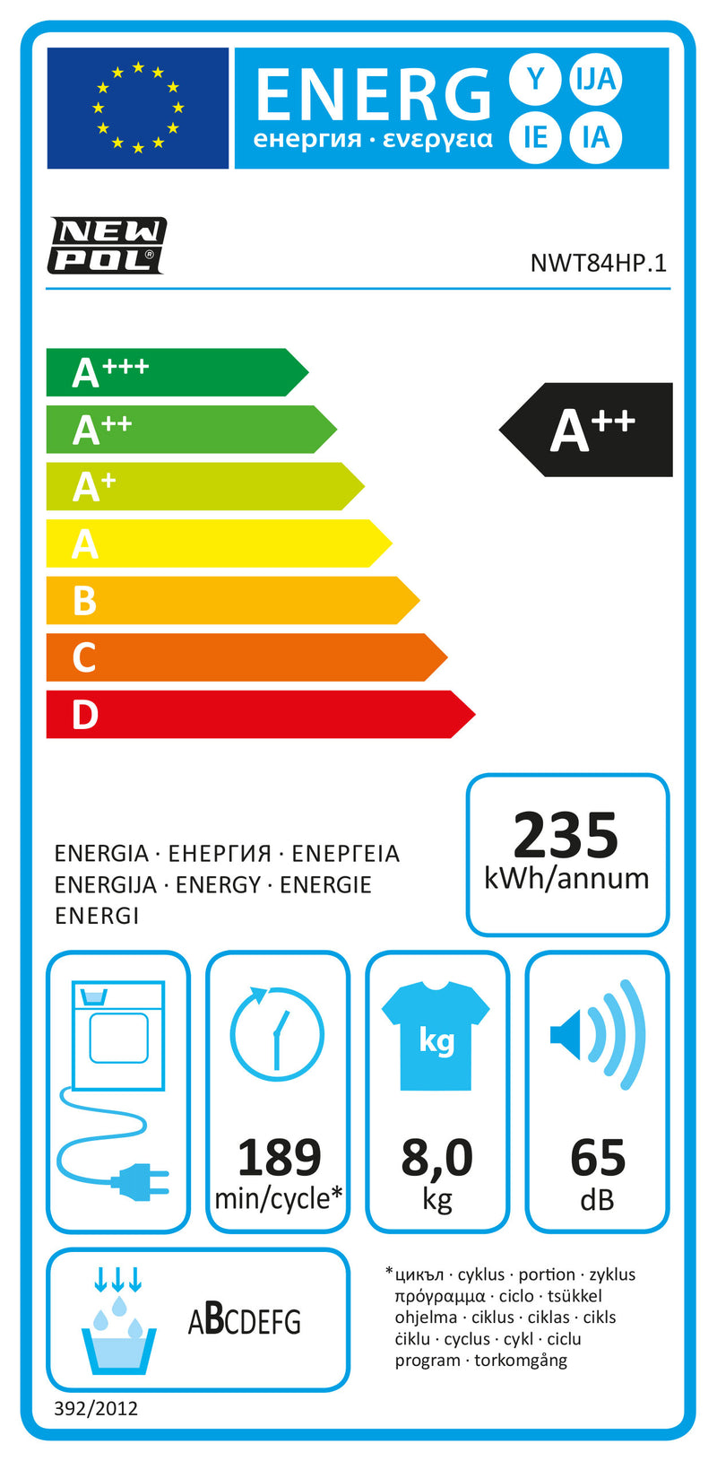 MÁQUINA DE SECAR ROUPA NEW POL 8KG BOMBA DE CALOR A++