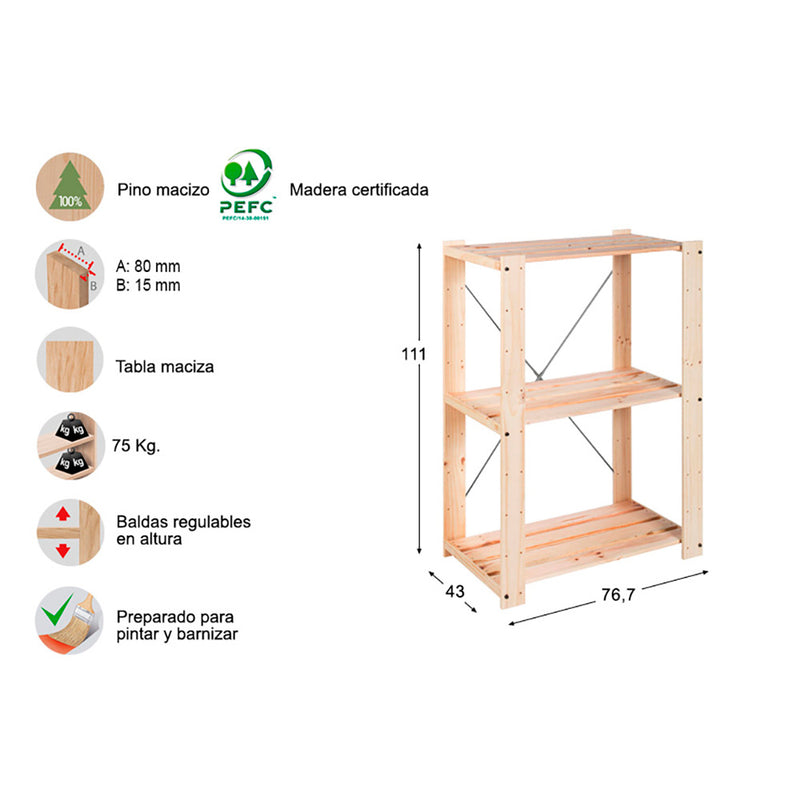 ESTANTE 3 PRATELEIRAS EVOLUTION 111X76,7X43CM PINHO MACIÇO ASTIGA