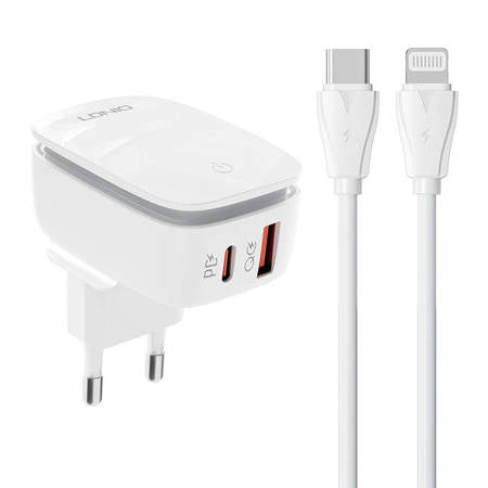 CARREGADOR USB,USB-C LDNIO A2425C + CABO LIGHTNING BRANCO