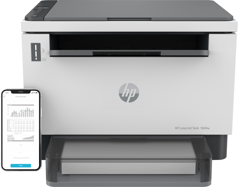 HP LaserJet Multifunções Tank 1604w, Preto e branco, Impressora p