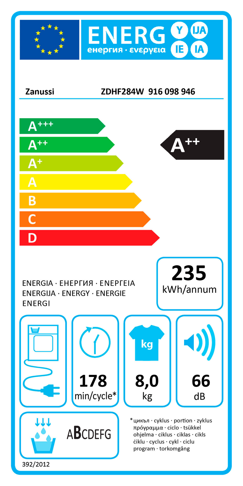 MÁQUINA DE SECAR ROUPA ZANUSSI ZDHF284W( 8 KG