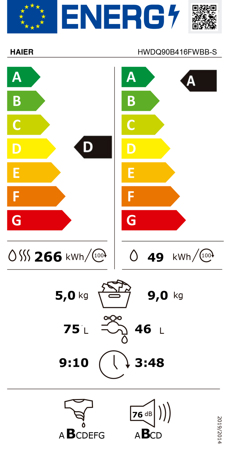 MÁQUINA DE LAVAR E SECAR ROUPA DE ENCASTRE HAIER HWDQ90B416FWBB-S