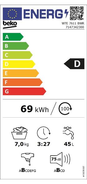 MÁQUINA DE LAVAR ROUPA BEKO WTE 7611 BWR 7KG1200RPM