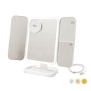 ESPELHO DE MESA DOBRÁVEL TRÍPTICO COM AUMENTO E LUZ LED RECARREGÁ