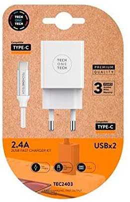 CARGADOR DE PARED TECH ONE TECH TEC2403 2XUSB + CABLE USB TIPO-C