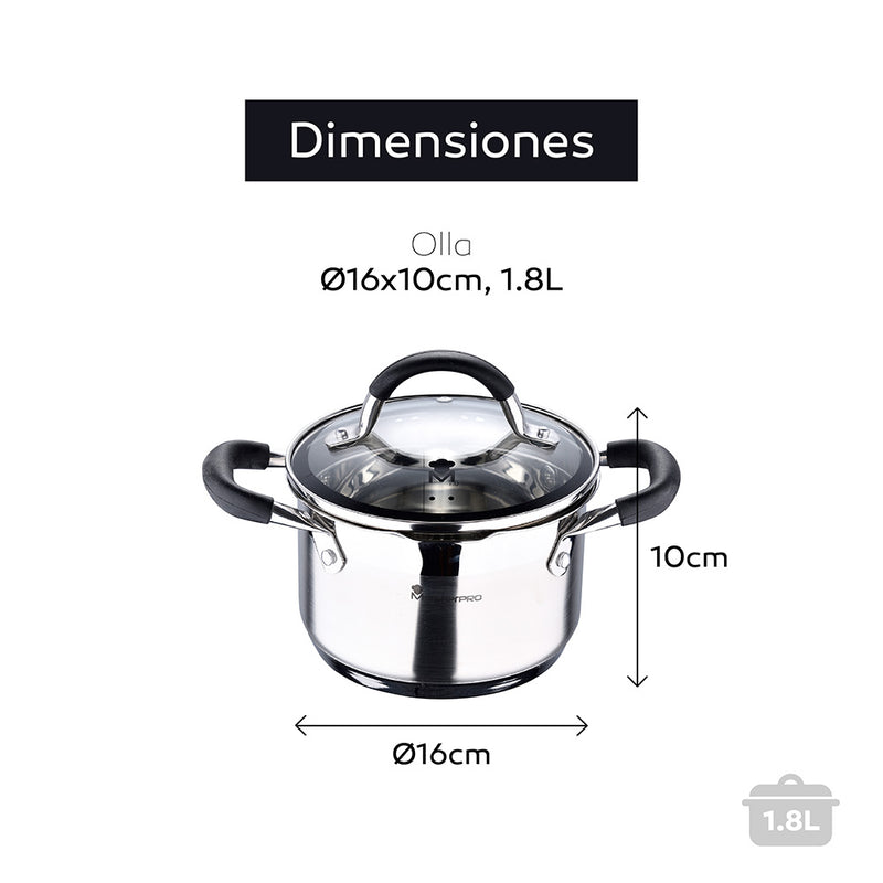 PANELA Ø16X10CM 1,8L INOX COM TAMPA FOODIES BGMP-1504-BK MASTERPR