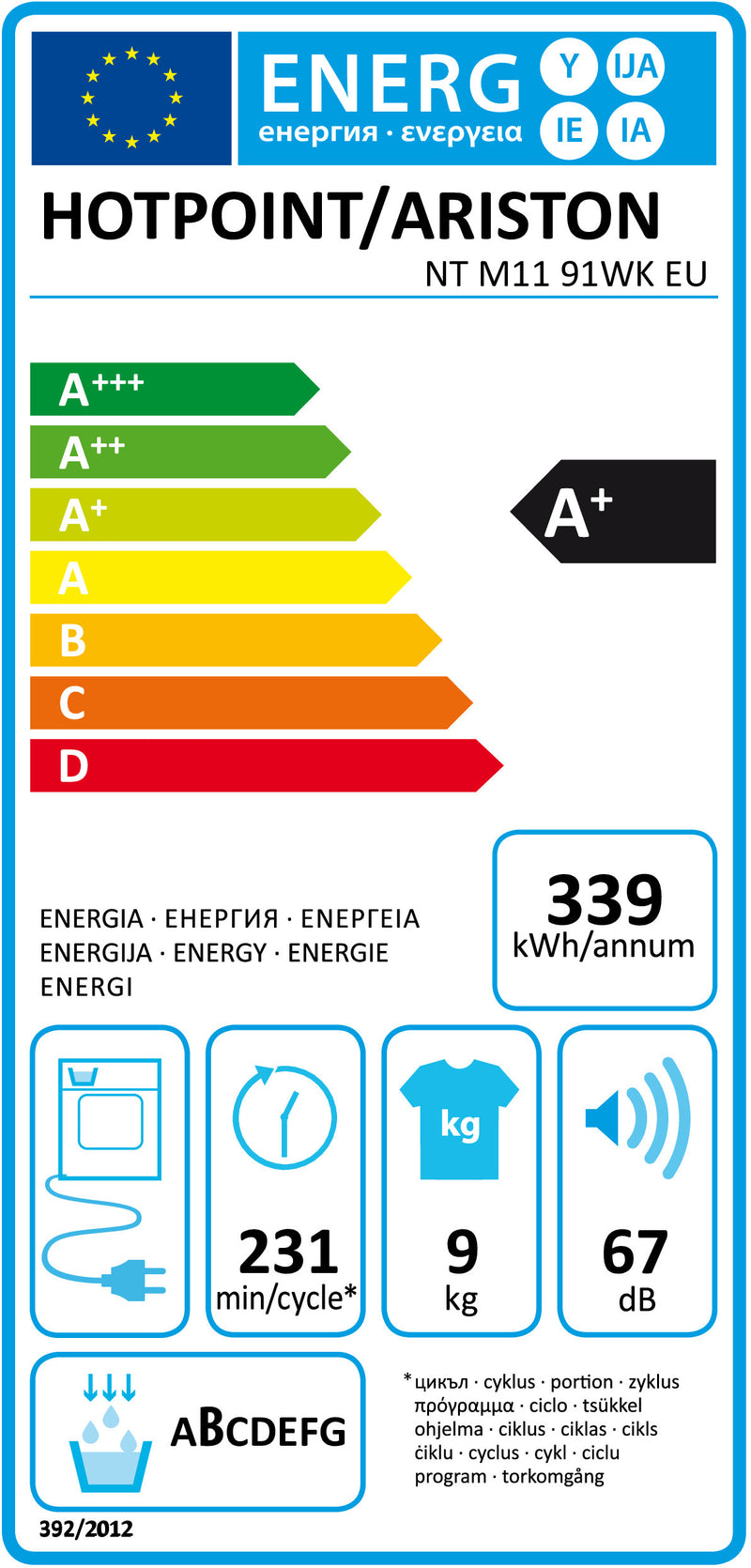 MÁQUINA DE SECAR ROUPA HOTPOIN NTM1191WK 9KG