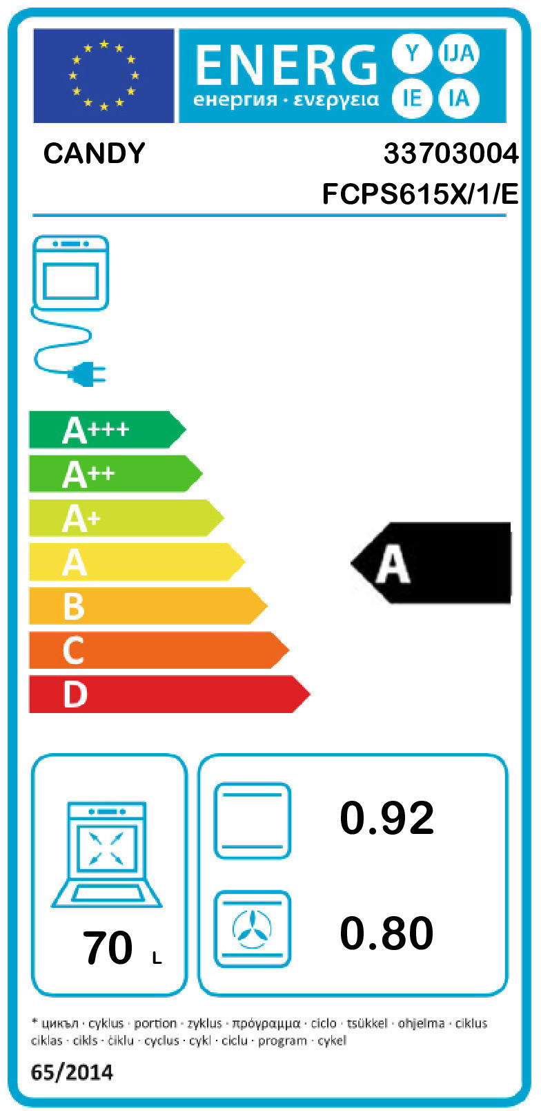 Candy Smart Steam FCPS615X/1/E 70 l A Aço inoxidável