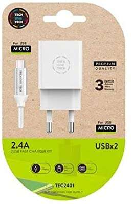 CARGADOR DE PARED TECH ONE TECH TEC2401 2XUSB + CABLE MICRO USB 2