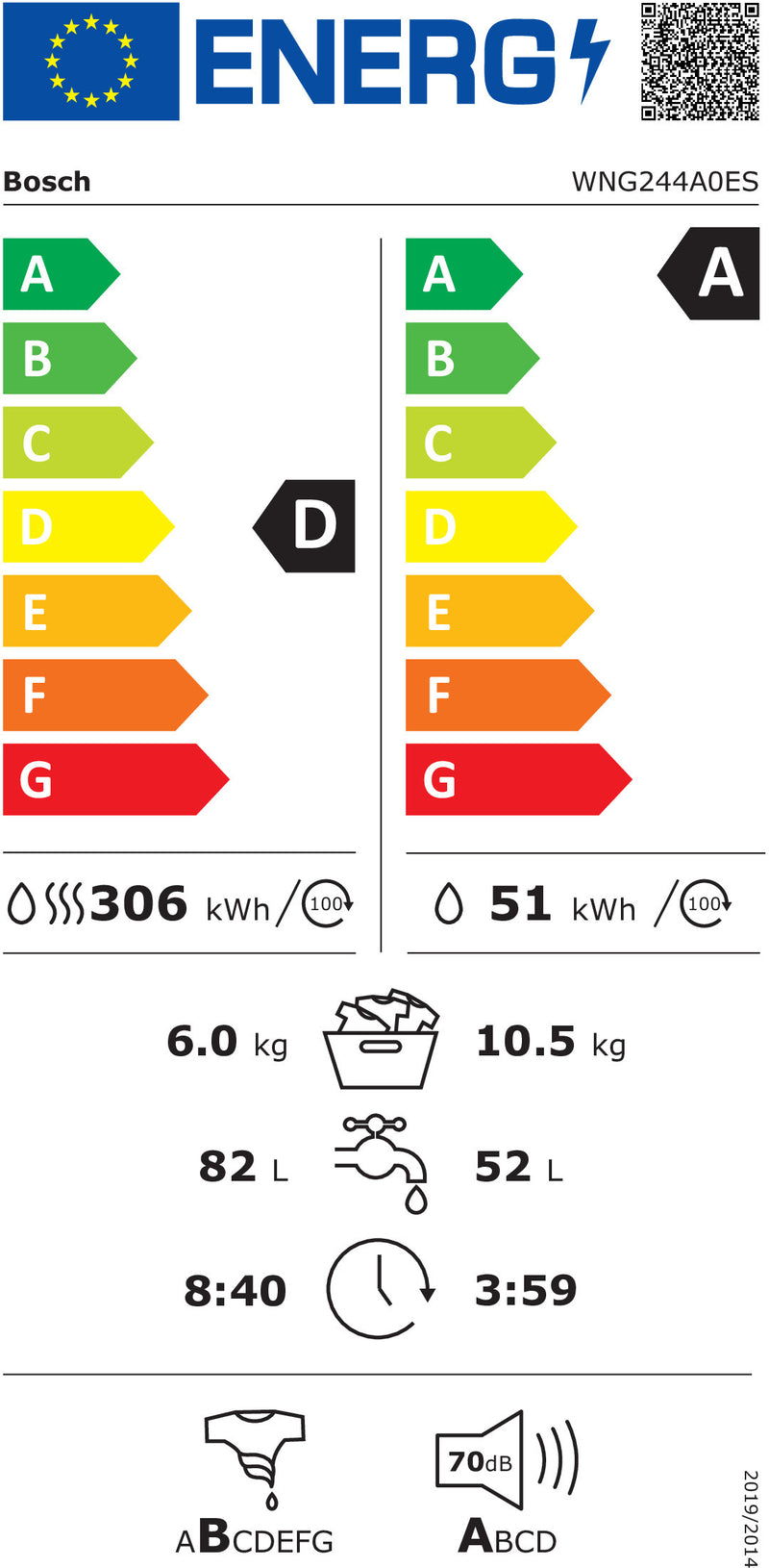 MÁQUINA DE LAVAR E SECAR ROUPA BOSCH WNG244A0ES( 1400 RPM - 10,5