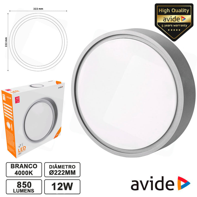 APLIQUE LED REDONDO 12W 222MM 4000K 850LM IP54 AVIDE