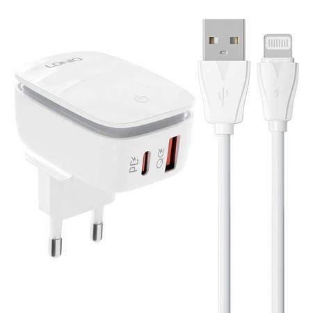 WALL CHARGER LDNIO A2425C USB, USB-C + LIGHTNING CABLE