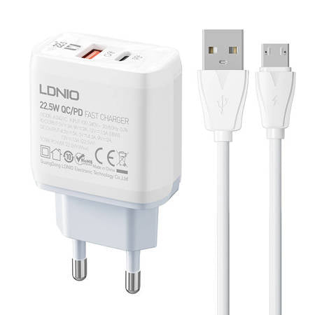 WALL CHARGER LDNIO A2421C USB, USB-C 22.5W + MICROUSB CABLE