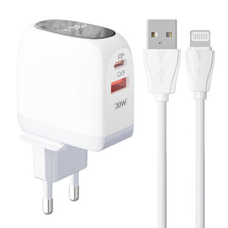 CARREGADOR USB,USB-C LDNIO A2522C 30W + CABO LIGHTNING BRANCO