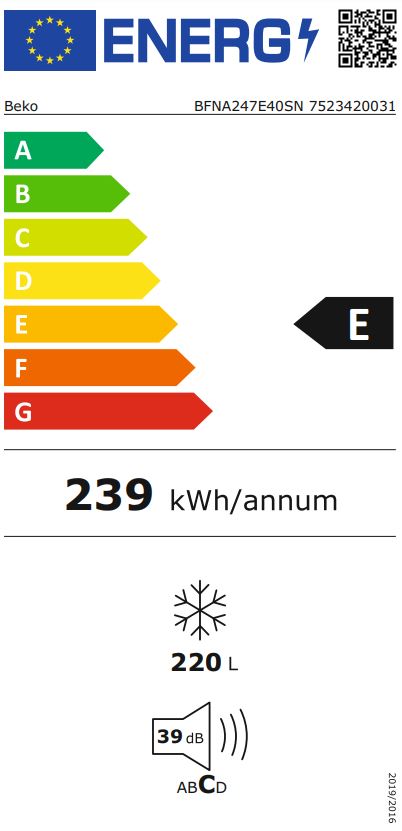 Beko BFNA247E40SN congelador/arca frigorífica Arca vertical Embut