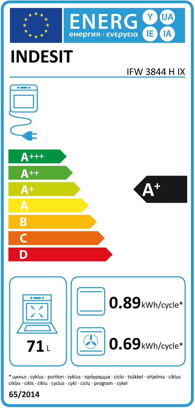 Indesit IFW 3844 H IX 71 l 2900 W A+ Aço inoxidável