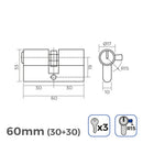 CILINDRO NIQUEL 60MM (30+30MM) LARGURA DA CAME R15 COM 3 CHAVES I