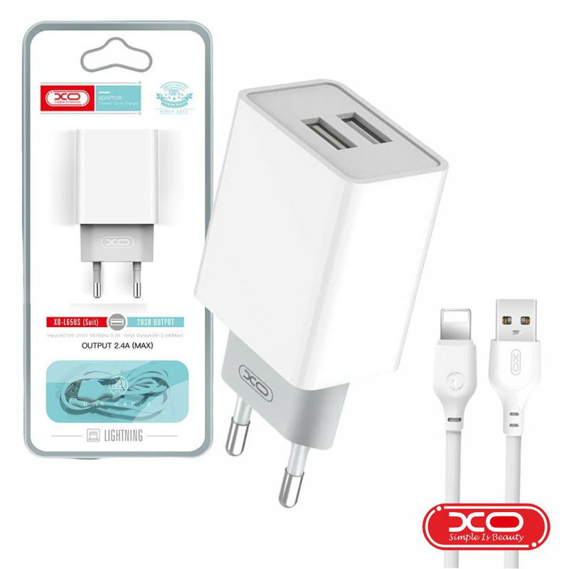 XO L65 PACK CARGADOR DE CORRIENTE 2X USB + CABLE USB A LIGHTNING