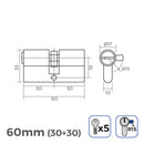 CILINDRO NIQUEL 60MM (30+30MM) LARGADURA DA CAME COM 5 CHAVES DE