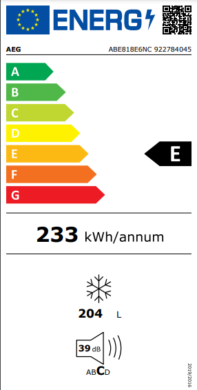 CONGELADOR VERTICAL DE ENCASTRE AEG 216L.NF.A++ -ABE818E6NC
