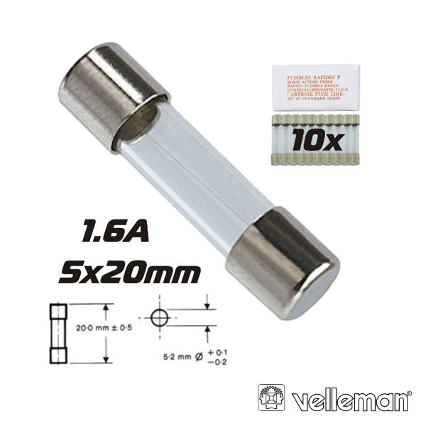 FUSÍVEL 5X20 FUSÃO RÁPIDA 1.6A (10X) VELLEMAN