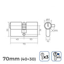 CILINDRO NIQUEL 70MM (40+30MM) LARGURA DA CAME R15 COM 3 CHAVES I