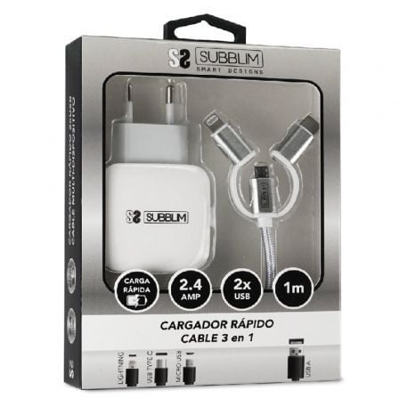 CARGADOR DE PARED SUBBLIM SUB-CHG-1ZWC01 2XUSB + CABLE 3 EN 1 12W