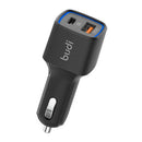 BUDI LED CAR CHARGER, USB + USB-C, 18W, PD + QC 3.0 (BLACK)