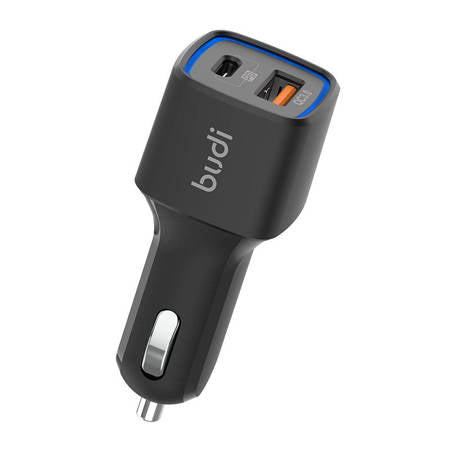 BUDI LED CAR CHARGER, USB + USB-C, 18W, PD + QC 3.0 (BLACK)