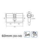 CILINDRO LATÃO 60MM (30+30MM) LARGURA DA CAME R15 COM 5 CHAVES DE