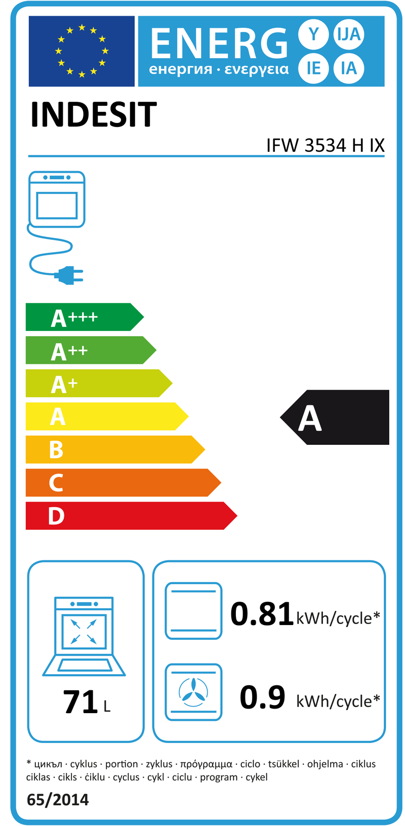 Indesit IFW 3534 H IX 71 l 2750 W A Aço inoxidável