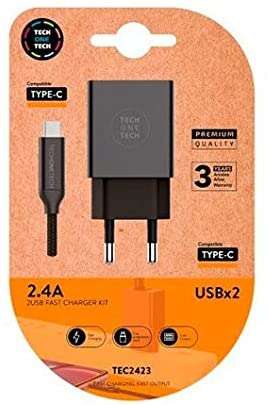 CARGADOR DE PARED TECH ONE TECH TEC2423 2XUSB + CABLE USB TIPO-C