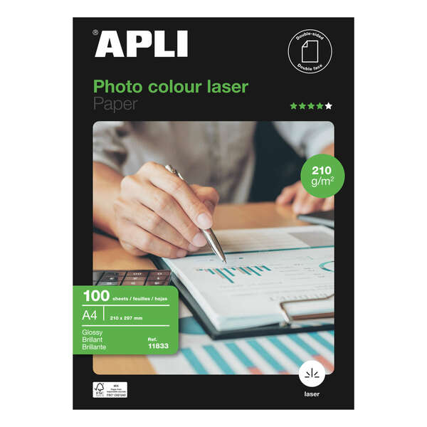 PAPEL LÁSER GLOSSY APLI 11833 DIN A4 210G 100 HOJAS BRILLANTE