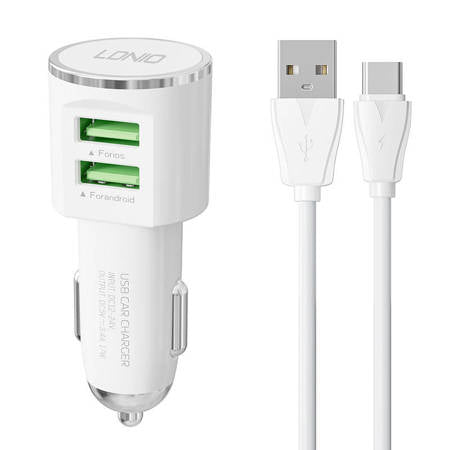 CARREGADOR DE CARRO LDNIO DL-C29, 2X USB, CABO 3,4A USB-C BRANCO