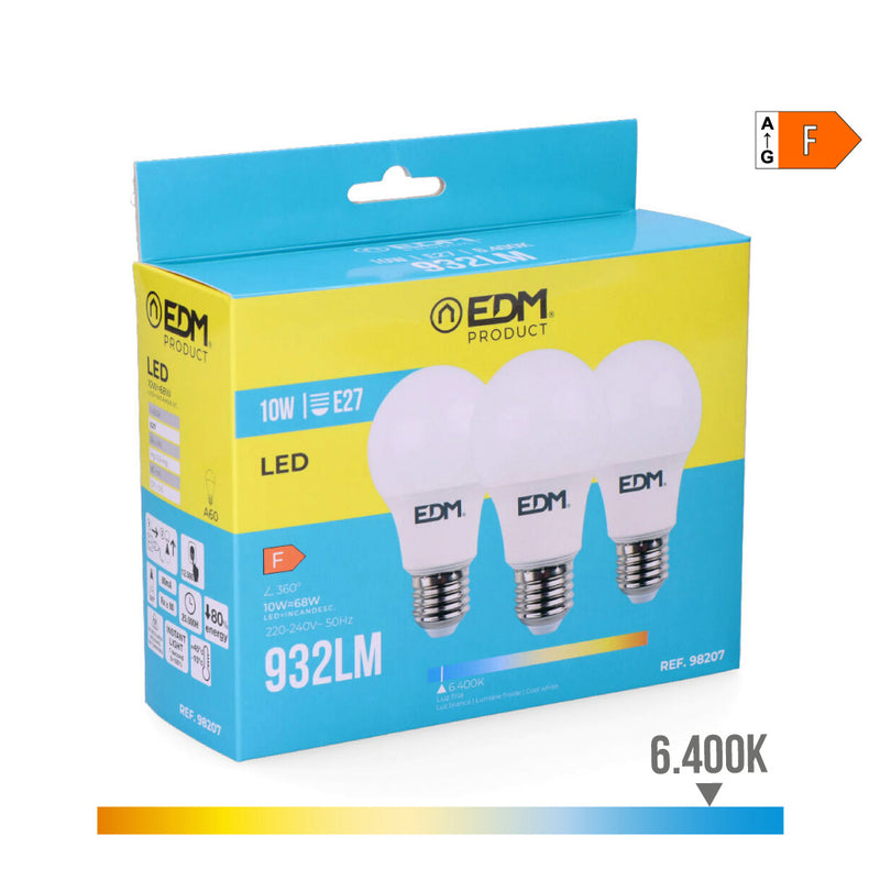 KIT 3 LÂMPADAS STANDARD LED E27 10W 932LM 6400K LUZ FRIA Ø6X10,8C