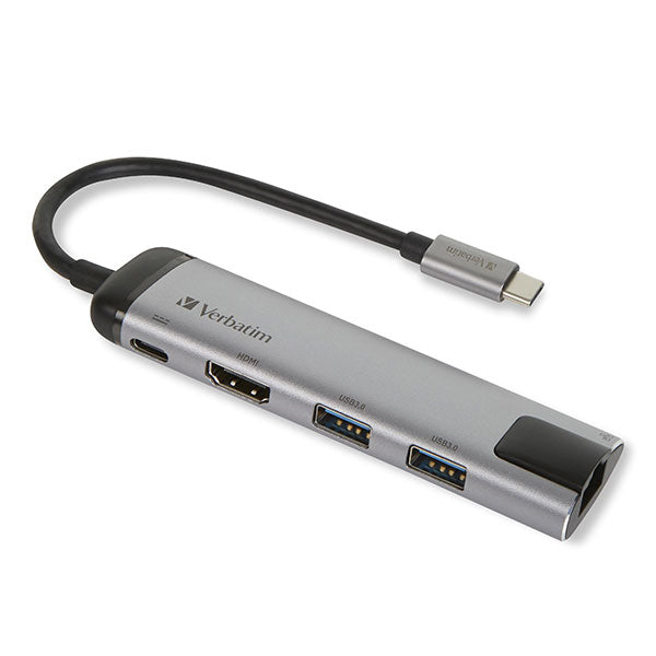 VERBATIM HUB USB-C 2XUSB3 1XHDMI 1XUSB-C PD 100W 1XRJ45 ALUMINIO