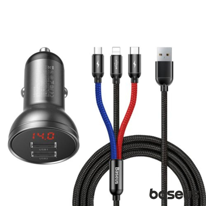 ADAPTADOR ISQUEIRO 2 USB-A 5V 4.8A C CABO 3EM1 BASEUS