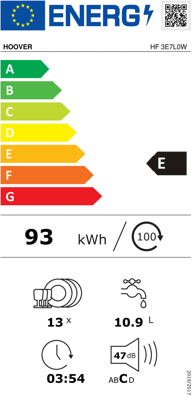 MÁQUINA DE LAVAR LOIÇA HOOVER HF3E7L0W( 13 TALHERES - 5 P - 4 T )