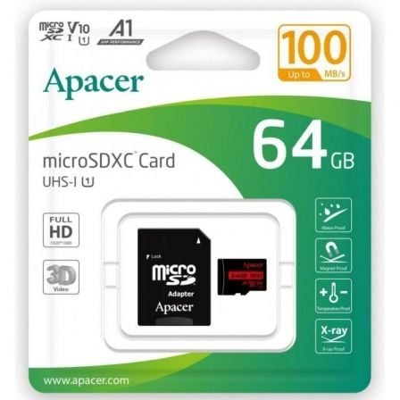 TARJETA DE MEMORIA APACER 64GB XC UHS 1 CON ADAPTADOR CLASE 10 10