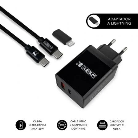 CARGADOR SUBBLIM SUBCHG-3WPD11 1XUSB TIPO-C 1XUSB CABLE USB TIPO-