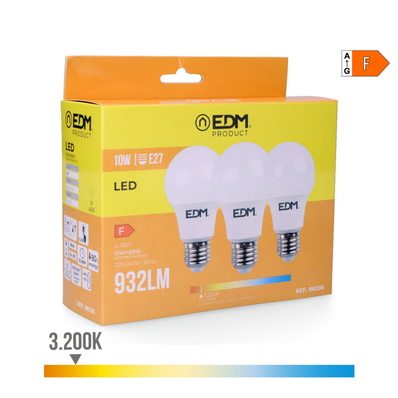 KIT 3 LÂMPADAS LED STANDARD E27 10W 932LM 3200K LUZ QUENTE Ø6X10,