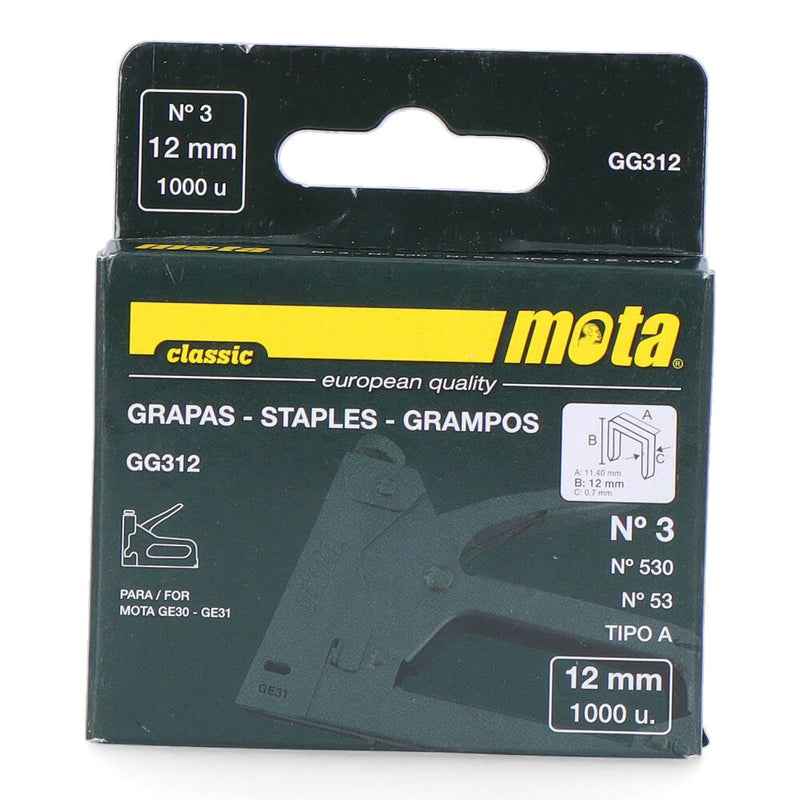 AGRAFOS Nº 3 DE 12MM 1000 UNID. ESPESSURA 0,7MM GG312 MOTA